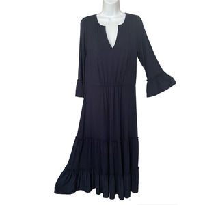 Boden Women Tiered Navy 3/4 Sleeve V-Neck Navy Blue Jersey Dress USA Sz 8 Midi